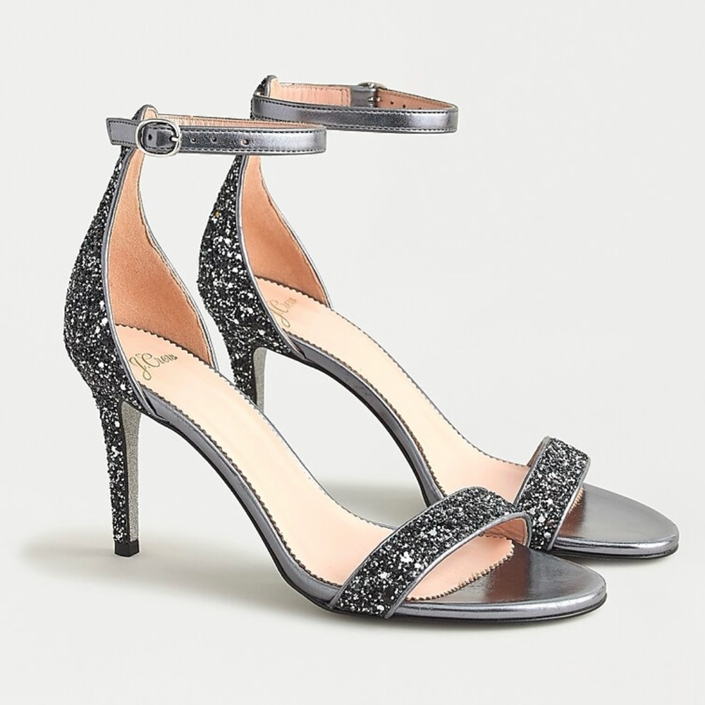 NEW - J. Crew Riley Sandal Stiletto Heels Silver Gunmetal Glitter Size 9.5 NIB